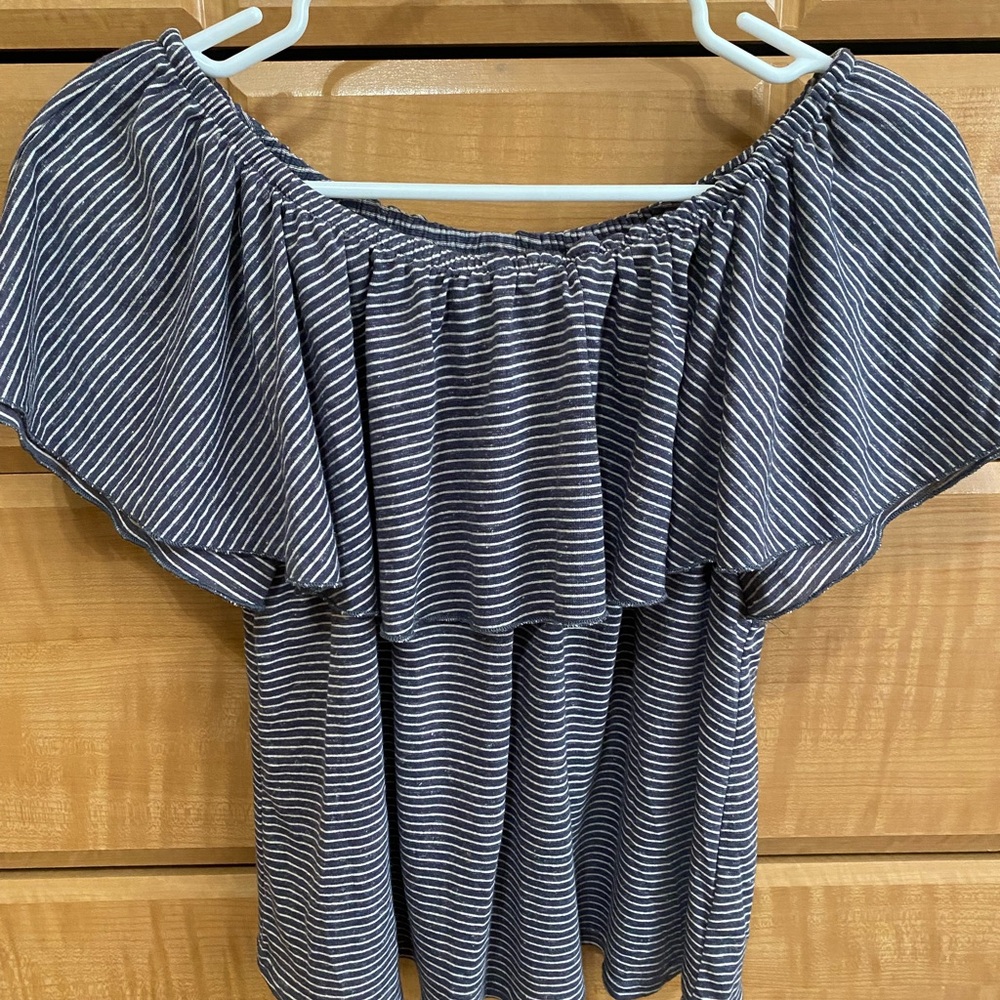 Anthropologie Gray and White Stripe Off the Shoulder Top XS NWT
